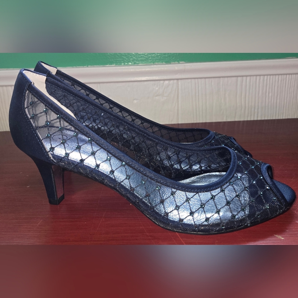 Adrianna Papell Jamie Peep Toe Blue Mesh Rhinestone Embellishment Kitten Heel 10 - Picture 5 of 5
